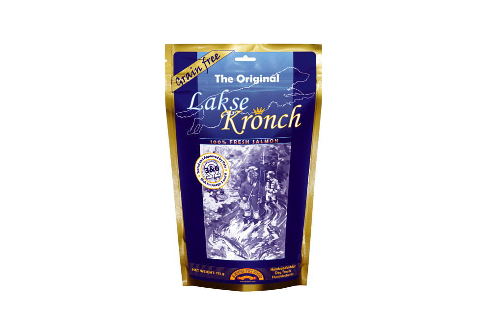 Snacks Lakse Kronch 175 g. de salmón.  Conocido la importancia de omega 3 y omega 6 en la alimentación de los perros.